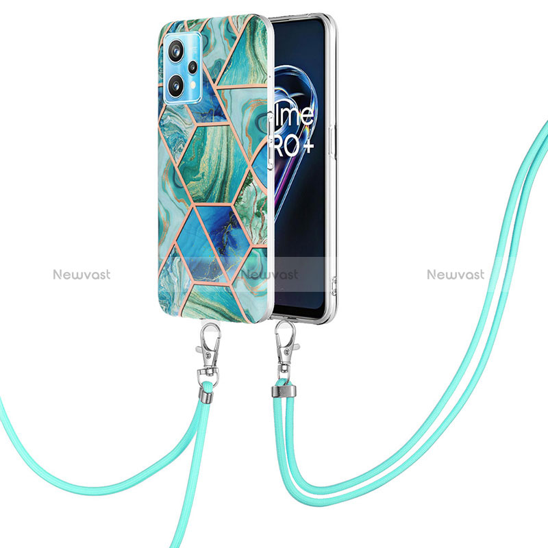 Silicone Candy Rubber Gel Fashionable Pattern Soft Case Cover with Lanyard Strap Y04B for Realme 9 Pro+ Plus 5G Green