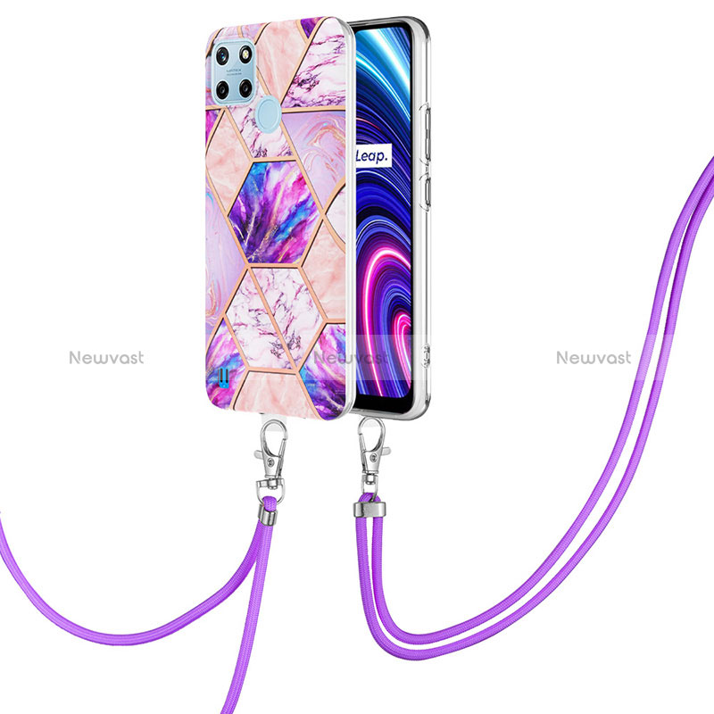 Silicone Candy Rubber Gel Fashionable Pattern Soft Case Cover with Lanyard Strap Y04B for Realme C21Y Clove Purple