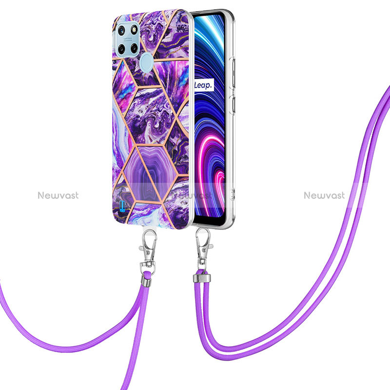 Silicone Candy Rubber Gel Fashionable Pattern Soft Case Cover with Lanyard Strap Y04B for Realme C21Y Purple