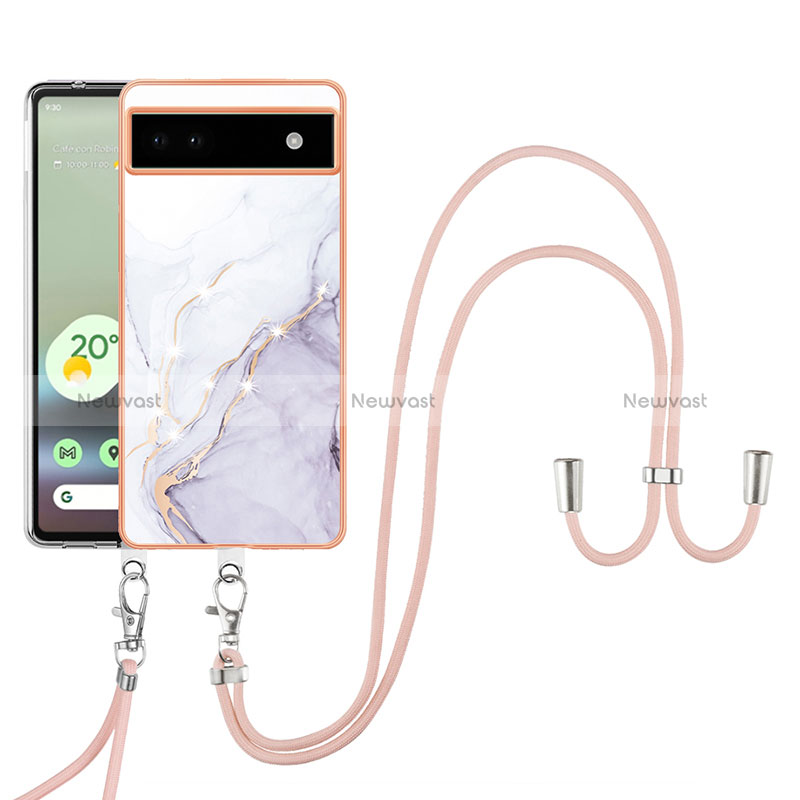 Silicone Candy Rubber Gel Fashionable Pattern Soft Case Cover with Lanyard Strap Y05B for Google Pixel 6a 5G White