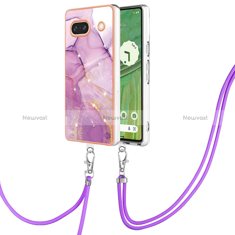 Silicone Candy Rubber Gel Fashionable Pattern Soft Case Cover with Lanyard Strap Y05B for Google Pixel 7a 5G Clove Purple
