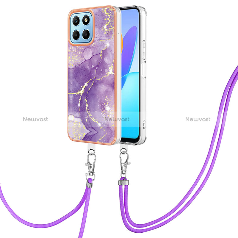 Silicone Candy Rubber Gel Fashionable Pattern Soft Case Cover with Lanyard Strap Y05B for Huawei Honor 70 Lite 5G Purple