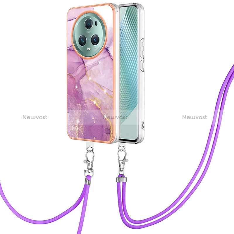 Silicone Candy Rubber Gel Fashionable Pattern Soft Case Cover with Lanyard Strap Y05B for Huawei Honor Magic5 Pro 5G Clove Purple