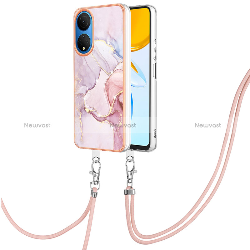 Silicone Candy Rubber Gel Fashionable Pattern Soft Case Cover with Lanyard Strap Y05B for Huawei Honor X7 Pink