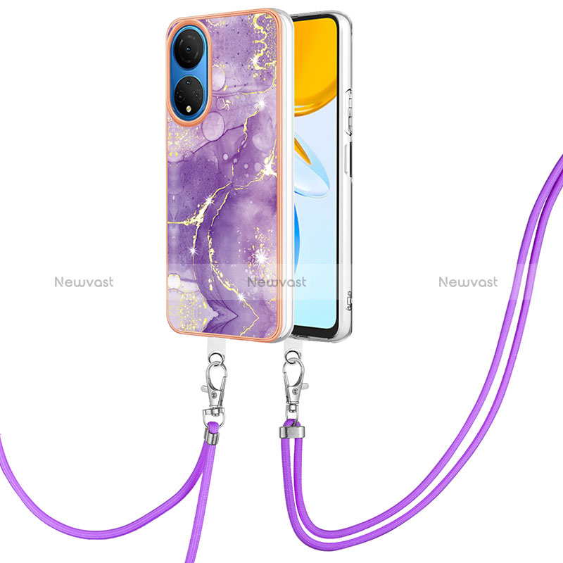 Silicone Candy Rubber Gel Fashionable Pattern Soft Case Cover with Lanyard Strap Y05B for Huawei Honor X7 Purple