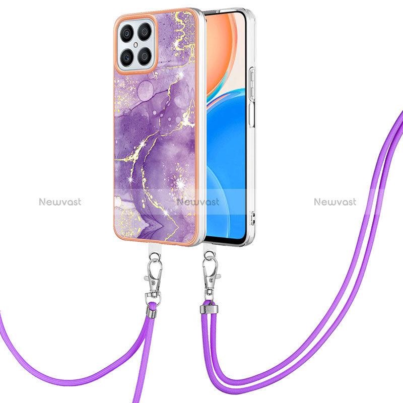 Silicone Candy Rubber Gel Fashionable Pattern Soft Case Cover with Lanyard Strap Y05B for Huawei Honor X8 4G Purple