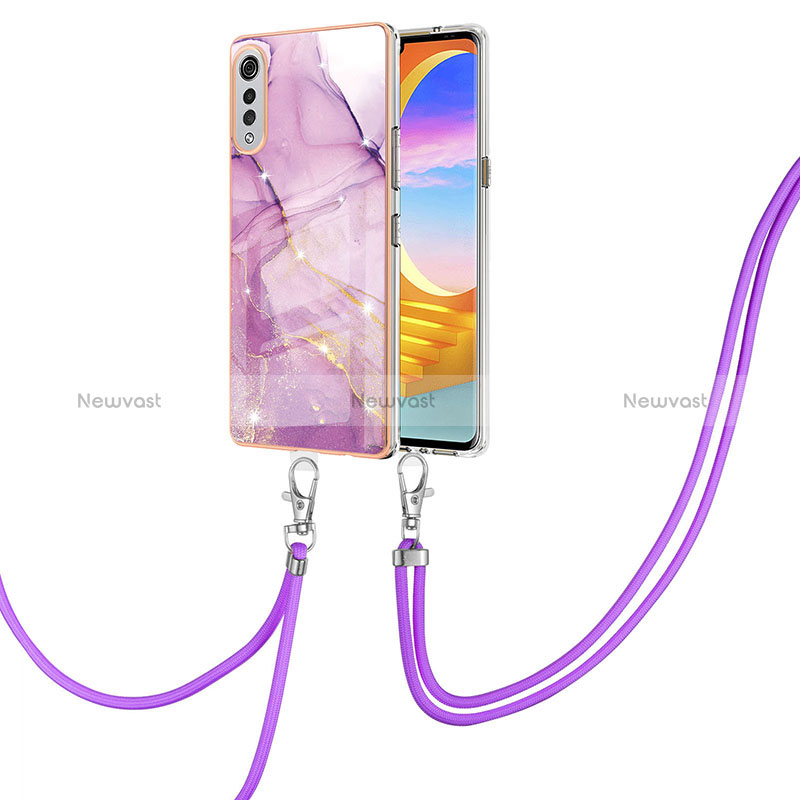 Silicone Candy Rubber Gel Fashionable Pattern Soft Case Cover with Lanyard Strap Y05B for LG Velvet 4G Clove Purple