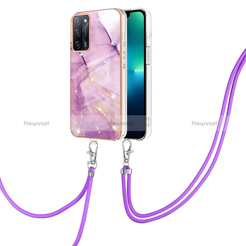 Silicone Candy Rubber Gel Fashionable Pattern Soft Case Cover with Lanyard Strap Y05B for Oppo A53s 5G Clove Purple