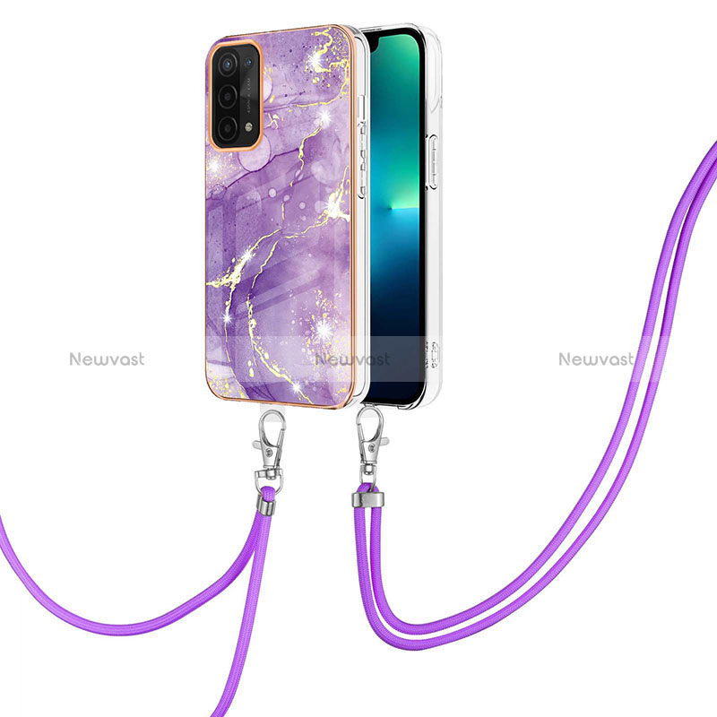 Silicone Candy Rubber Gel Fashionable Pattern Soft Case Cover with Lanyard Strap Y05B for Oppo A74 5G Purple