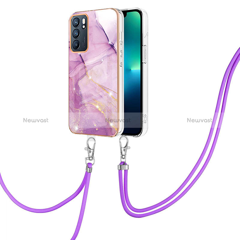 Silicone Candy Rubber Gel Fashionable Pattern Soft Case Cover with Lanyard Strap Y05B for Oppo Reno6 5G Clove Purple