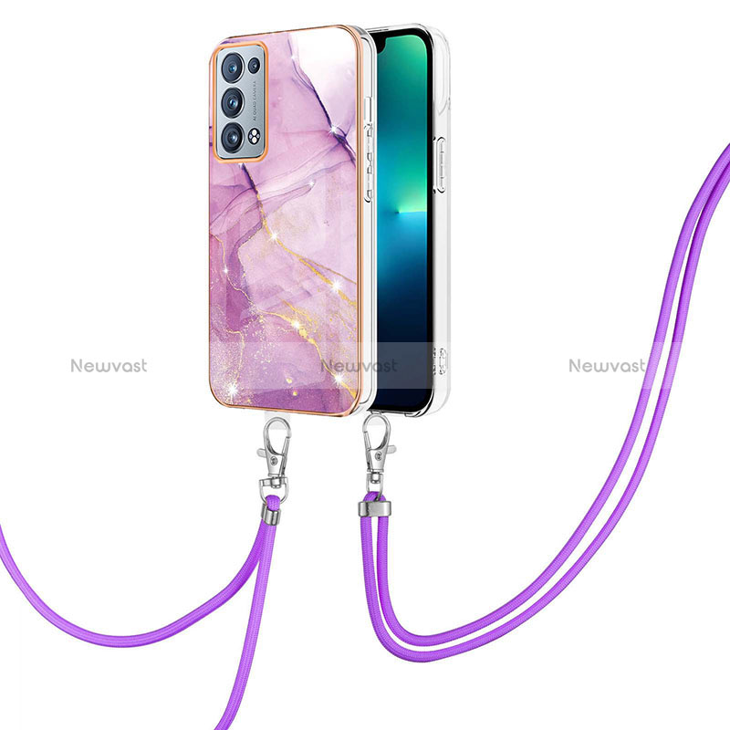 Silicone Candy Rubber Gel Fashionable Pattern Soft Case Cover with Lanyard Strap Y05B for Oppo Reno6 Pro 5G Clove Purple