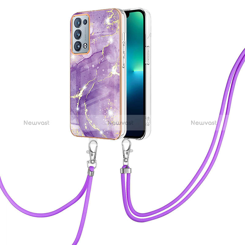 Silicone Candy Rubber Gel Fashionable Pattern Soft Case Cover with Lanyard Strap Y05B for Oppo Reno6 Pro 5G Purple