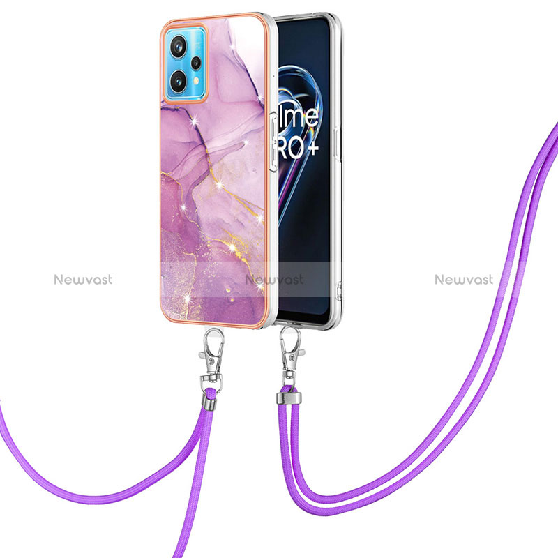 Silicone Candy Rubber Gel Fashionable Pattern Soft Case Cover with Lanyard Strap Y05B for Realme 9 Pro+ Plus 5G Clove Purple