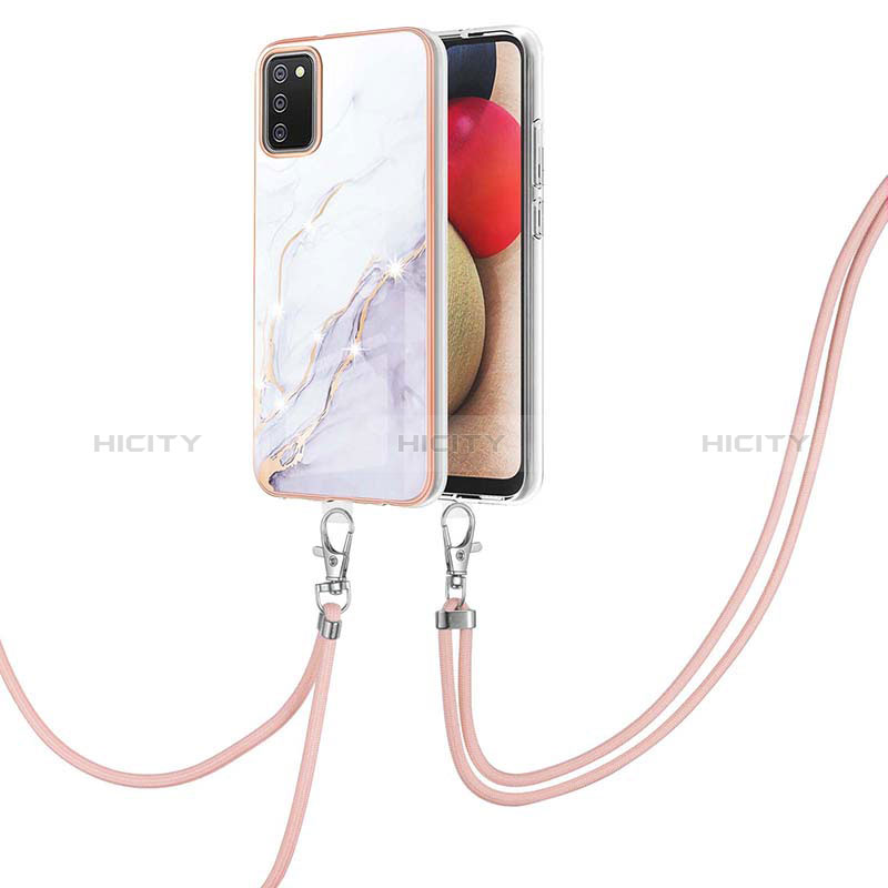 Silicone Candy Rubber Gel Fashionable Pattern Soft Case Cover with Lanyard Strap Y05B for Samsung Galaxy A03s White