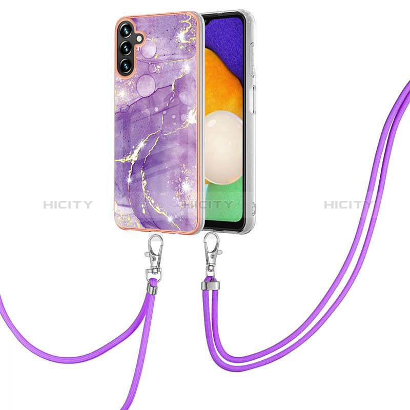 Silicone Candy Rubber Gel Fashionable Pattern Soft Case Cover with Lanyard Strap Y05B for Samsung Galaxy A04s Purple