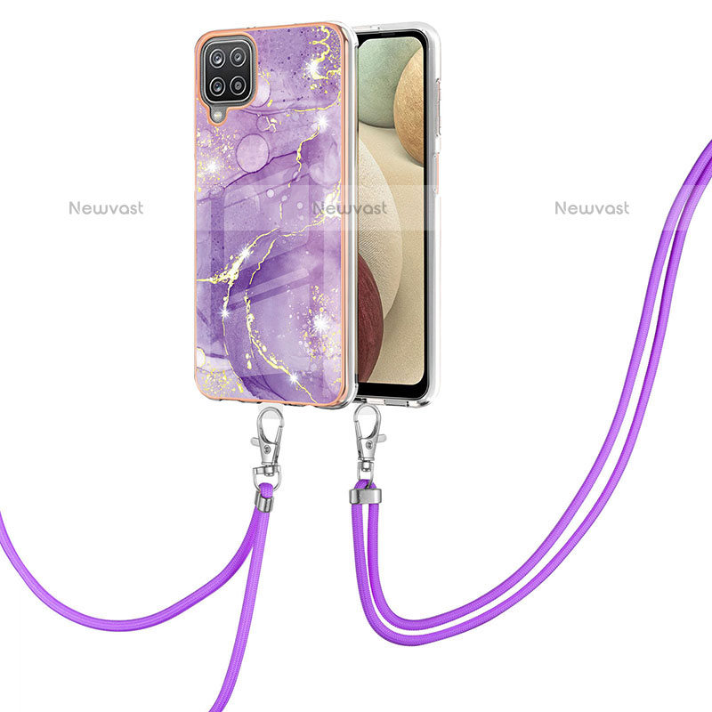 Silicone Candy Rubber Gel Fashionable Pattern Soft Case Cover with Lanyard Strap Y05B for Samsung Galaxy A12 Purple