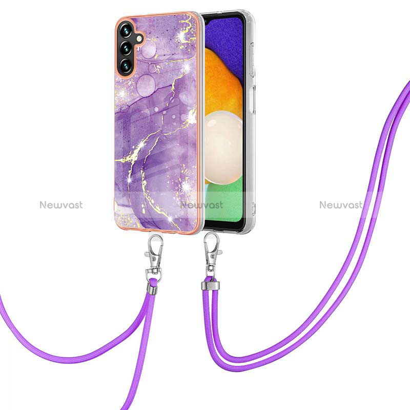 Silicone Candy Rubber Gel Fashionable Pattern Soft Case Cover with Lanyard Strap Y05B for Samsung Galaxy A13 5G Purple