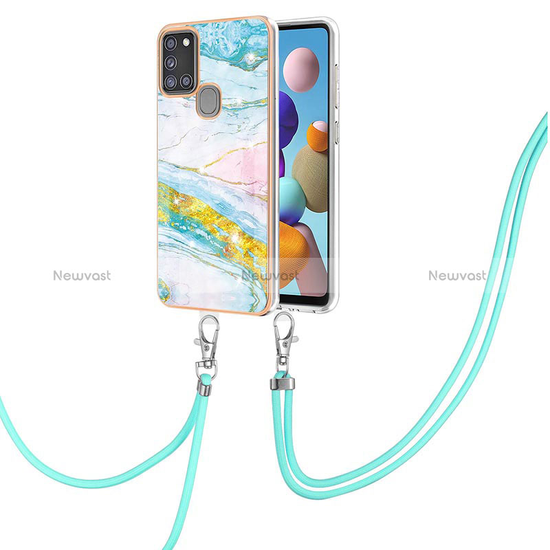 Silicone Candy Rubber Gel Fashionable Pattern Soft Case Cover with Lanyard Strap Y05B for Samsung Galaxy A21s