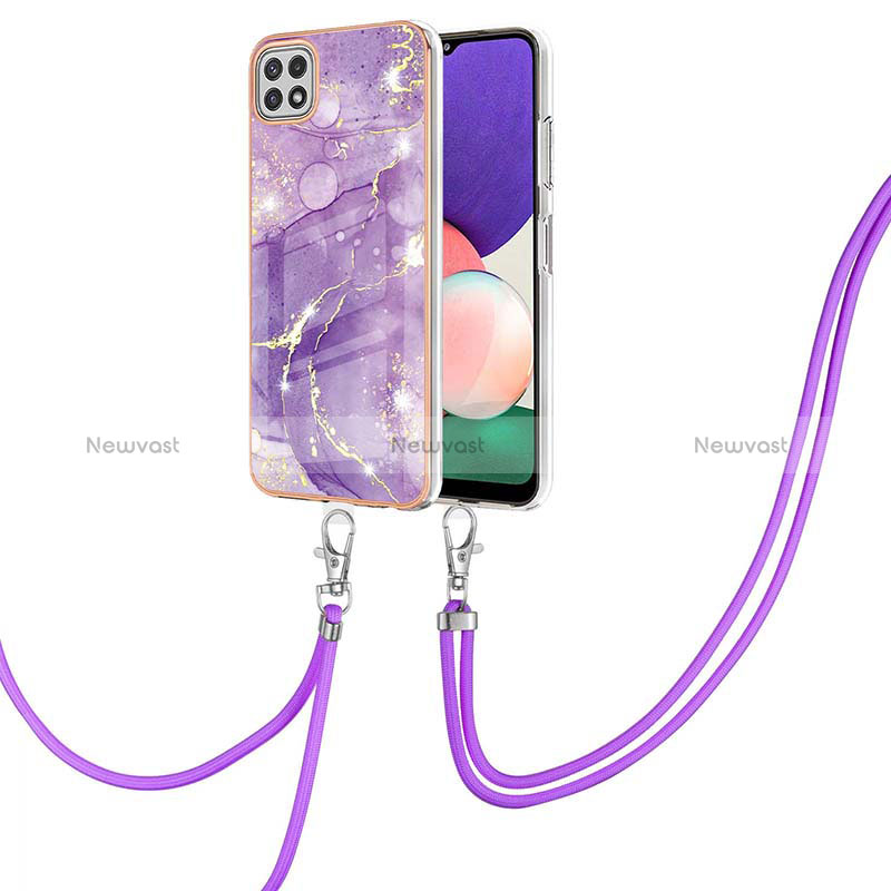 Silicone Candy Rubber Gel Fashionable Pattern Soft Case Cover with Lanyard Strap Y05B for Samsung Galaxy A22 5G Purple
