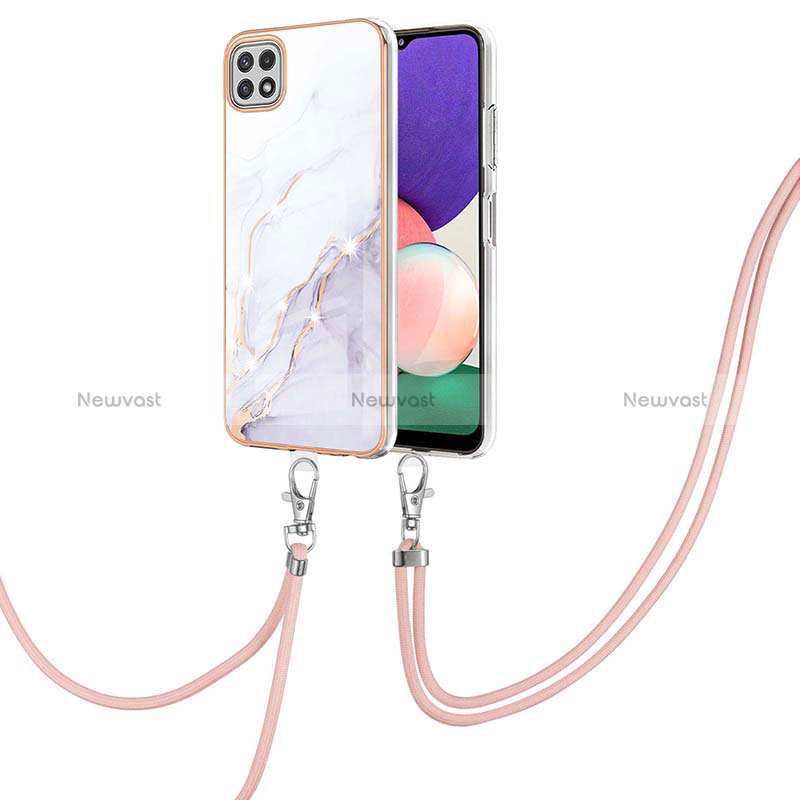 Silicone Candy Rubber Gel Fashionable Pattern Soft Case Cover with Lanyard Strap Y05B for Samsung Galaxy A22 5G White
