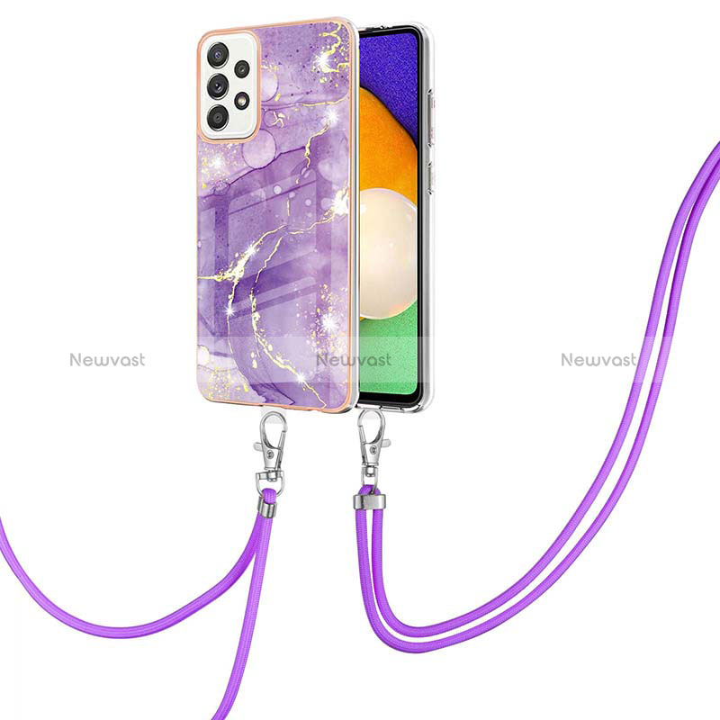 Silicone Candy Rubber Gel Fashionable Pattern Soft Case Cover with Lanyard Strap Y05B for Samsung Galaxy A52 5G Purple