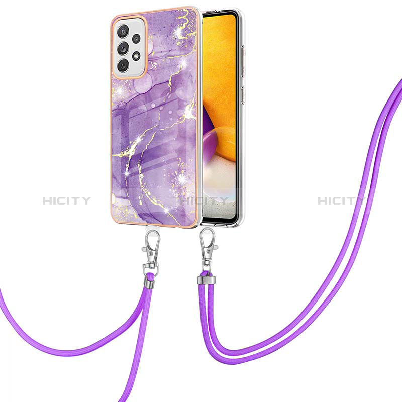 Silicone Candy Rubber Gel Fashionable Pattern Soft Case Cover with Lanyard Strap Y05B for Samsung Galaxy A72 5G Purple