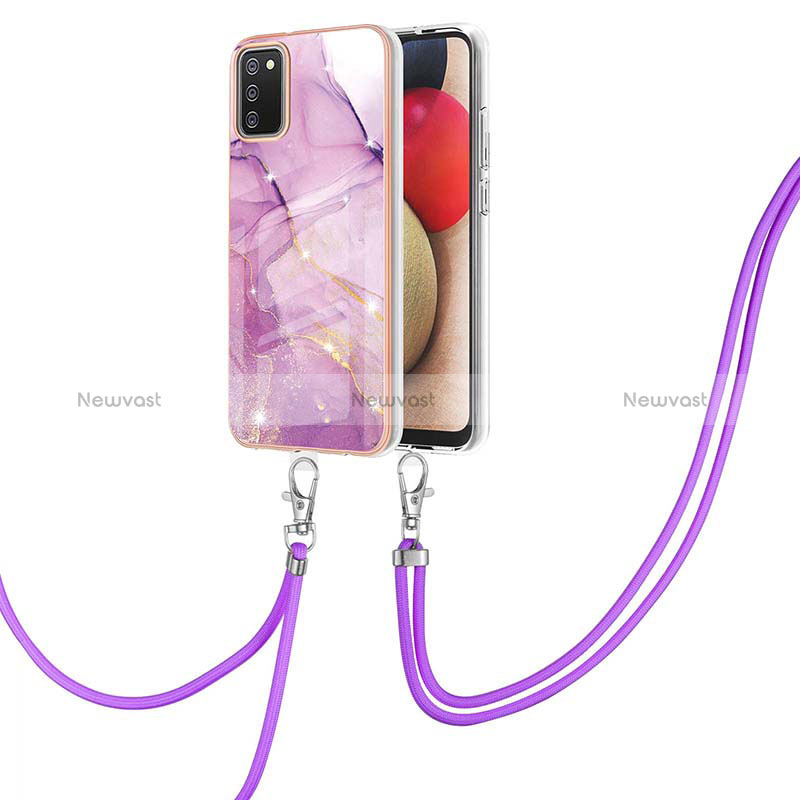 Silicone Candy Rubber Gel Fashionable Pattern Soft Case Cover with Lanyard Strap Y05B for Samsung Galaxy F02S SM-E025F Clove Purple