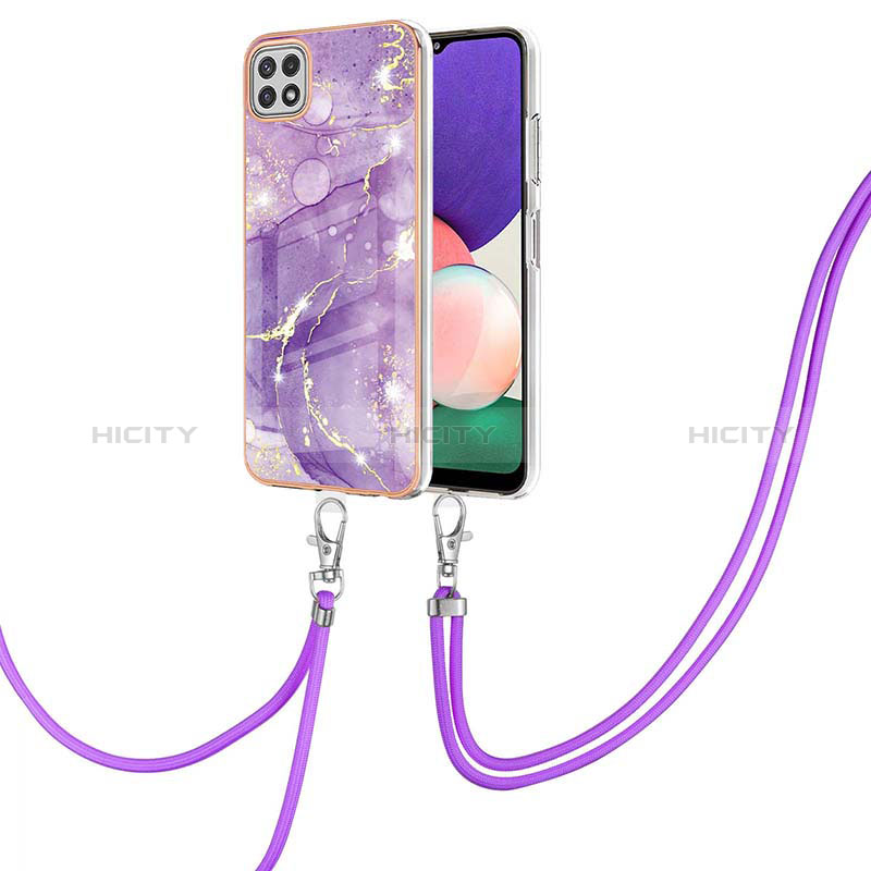 Silicone Candy Rubber Gel Fashionable Pattern Soft Case Cover with Lanyard Strap Y05B for Samsung Galaxy F42 5G Purple