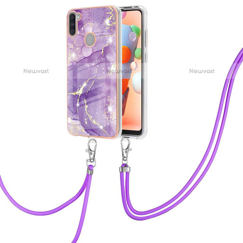 Silicone Candy Rubber Gel Fashionable Pattern Soft Case Cover with Lanyard Strap Y05B for Samsung Galaxy M11 Purple