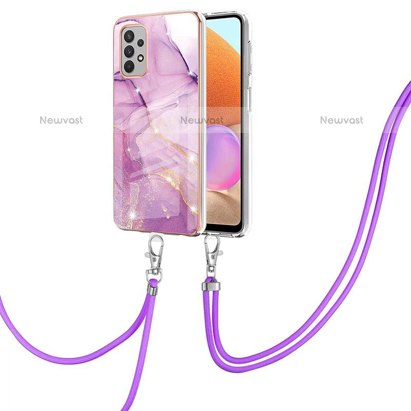 Silicone Candy Rubber Gel Fashionable Pattern Soft Case Cover with Lanyard Strap Y05B for Samsung Galaxy M32 5G Clove Purple