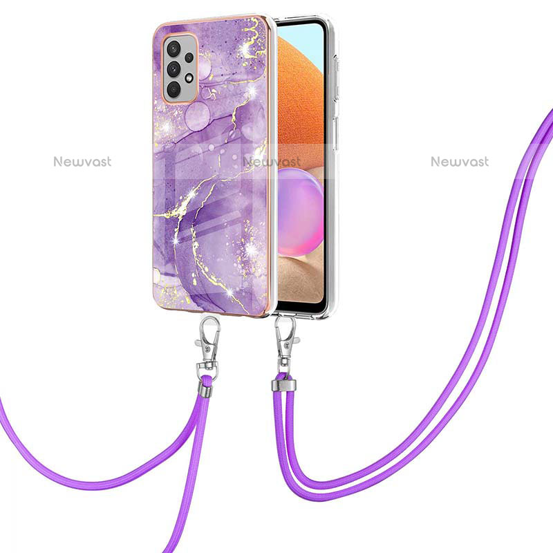 Silicone Candy Rubber Gel Fashionable Pattern Soft Case Cover with Lanyard Strap Y05B for Samsung Galaxy M32 5G Purple