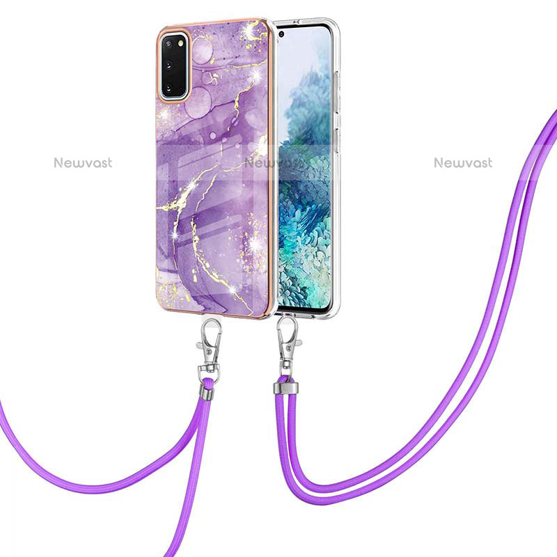 Silicone Candy Rubber Gel Fashionable Pattern Soft Case Cover with Lanyard Strap Y05B for Samsung Galaxy S20 5G Purple