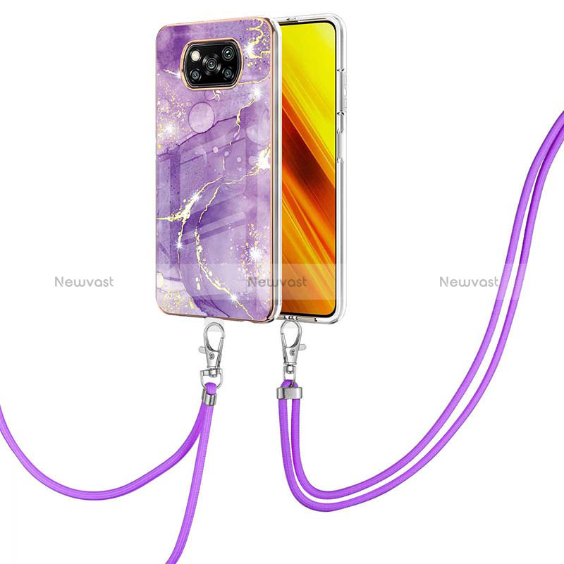 Silicone Candy Rubber Gel Fashionable Pattern Soft Case Cover with Lanyard Strap Y05B for Xiaomi Poco X3 Pro Purple
