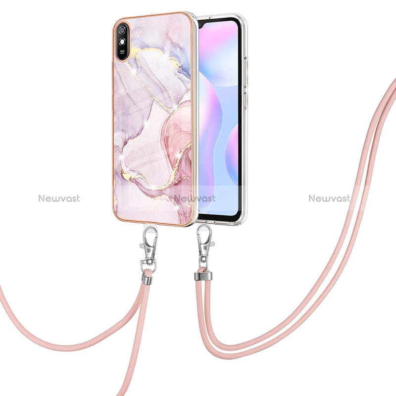 Silicone Candy Rubber Gel Fashionable Pattern Soft Case Cover with Lanyard Strap Y05B for Xiaomi Redmi 9A Pink