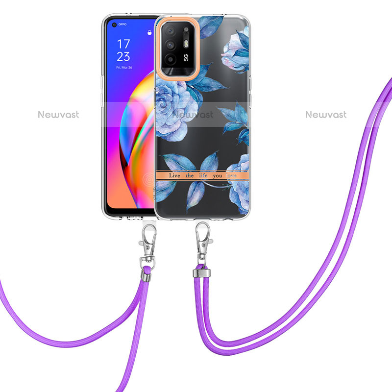 Silicone Candy Rubber Gel Fashionable Pattern Soft Case Cover with Lanyard Strap Y06B for Oppo A94 5G Blue