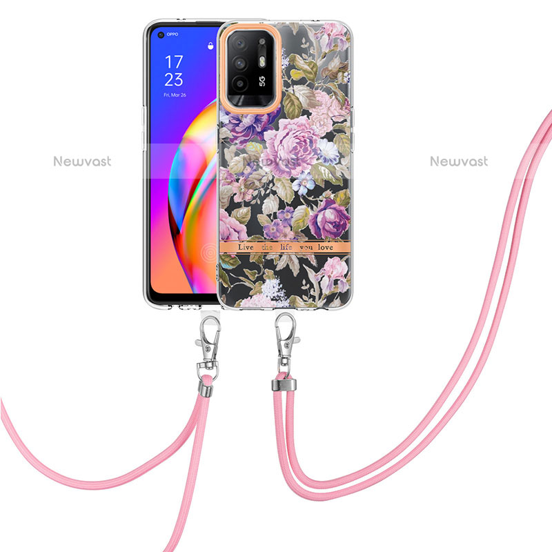 Silicone Candy Rubber Gel Fashionable Pattern Soft Case Cover with Lanyard Strap Y06B for Oppo A94 5G Clove Purple