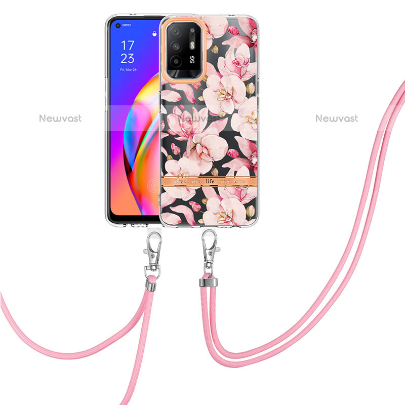 Silicone Candy Rubber Gel Fashionable Pattern Soft Case Cover with Lanyard Strap Y06B for Oppo A94 5G Pink