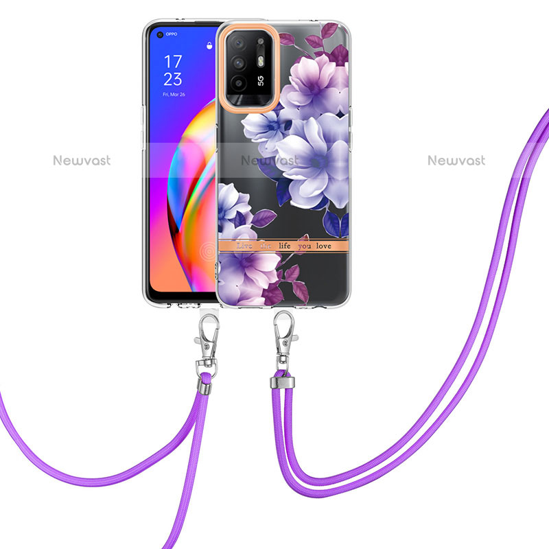 Silicone Candy Rubber Gel Fashionable Pattern Soft Case Cover with Lanyard Strap Y06B for Oppo A94 5G Purple