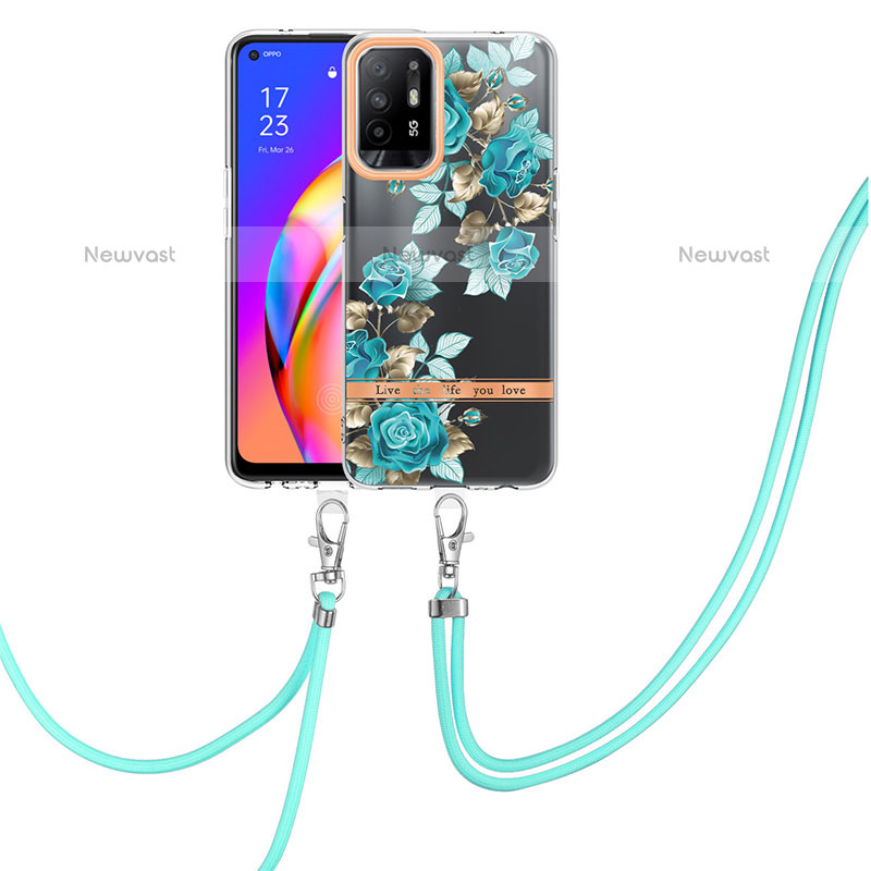Silicone Candy Rubber Gel Fashionable Pattern Soft Case Cover with Lanyard Strap Y06B for Oppo A95 5G Cyan