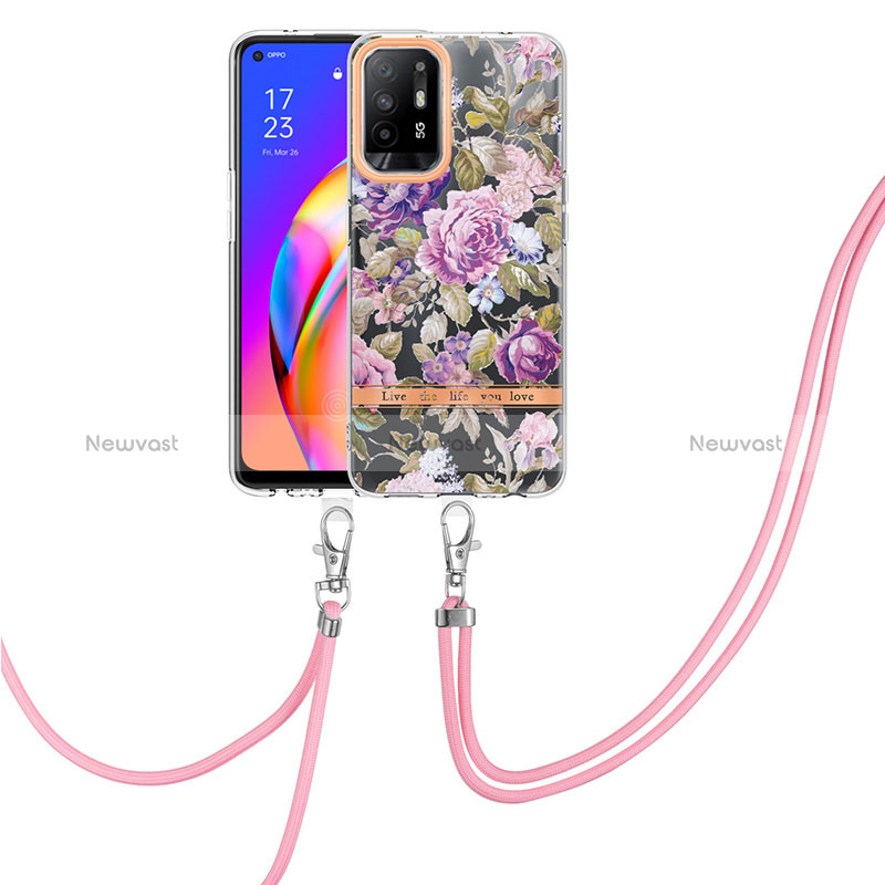 Silicone Candy Rubber Gel Fashionable Pattern Soft Case Cover with Lanyard Strap Y06B for Oppo Reno5 Z 5G Clove Purple