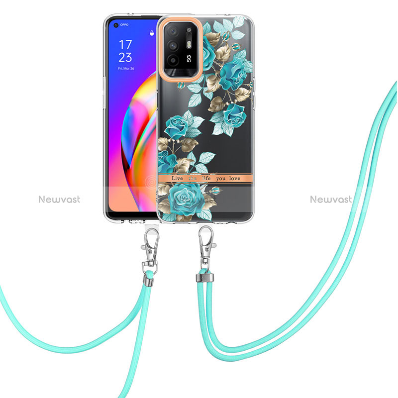 Silicone Candy Rubber Gel Fashionable Pattern Soft Case Cover with Lanyard Strap Y06B for Oppo Reno5 Z 5G Cyan