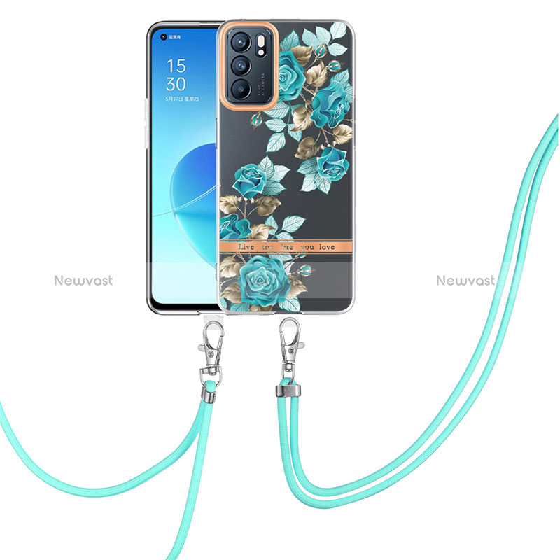 Silicone Candy Rubber Gel Fashionable Pattern Soft Case Cover with Lanyard Strap Y06B for Oppo Reno6 5G Cyan