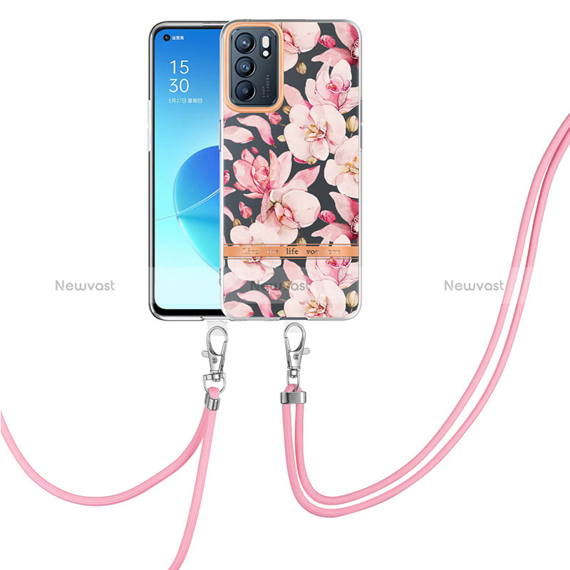 Silicone Candy Rubber Gel Fashionable Pattern Soft Case Cover with Lanyard Strap Y06B for Oppo Reno6 5G Pink