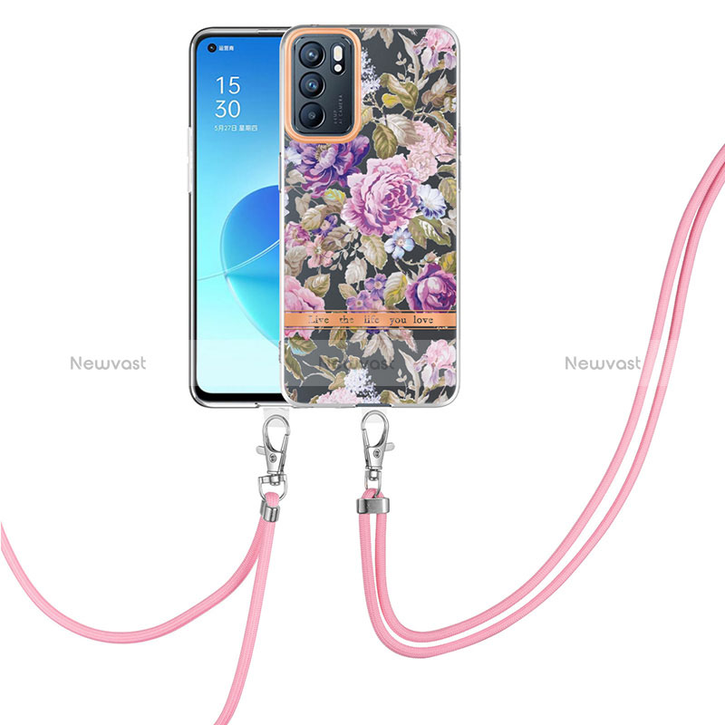 Silicone Candy Rubber Gel Fashionable Pattern Soft Case Cover with Lanyard Strap Y06B for Oppo Reno6 5G Purple