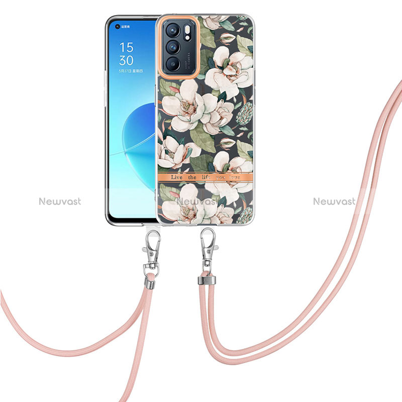 Silicone Candy Rubber Gel Fashionable Pattern Soft Case Cover with Lanyard Strap Y06B for Oppo Reno6 5G White