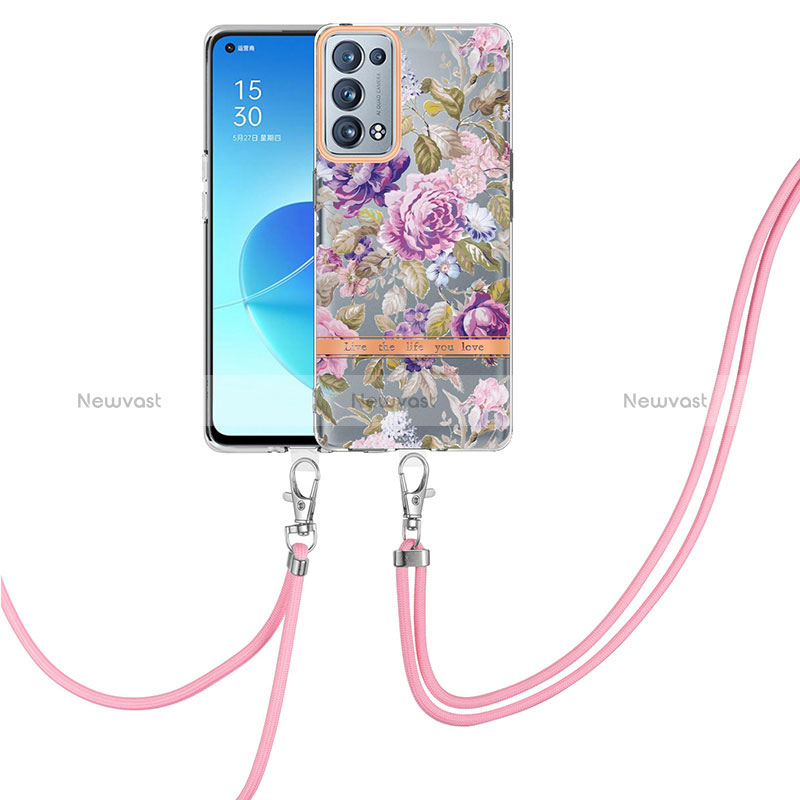 Silicone Candy Rubber Gel Fashionable Pattern Soft Case Cover with Lanyard Strap Y06B for Oppo Reno6 Pro 5G Clove Purple