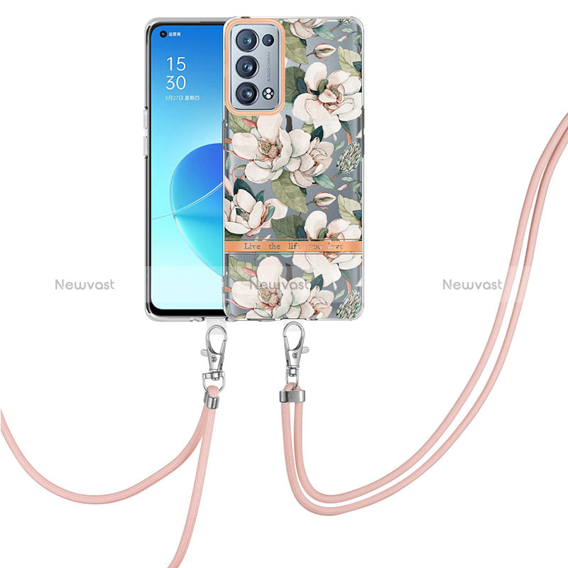 Silicone Candy Rubber Gel Fashionable Pattern Soft Case Cover with Lanyard Strap Y06B for Oppo Reno6 Pro 5G White