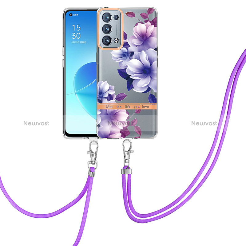 Silicone Candy Rubber Gel Fashionable Pattern Soft Case Cover with Lanyard Strap Y06B for Oppo Reno6 Pro+ Plus 5G Purple