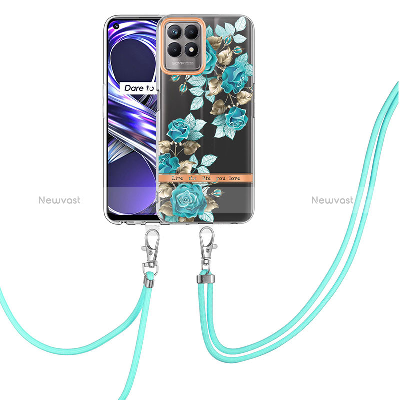 Silicone Candy Rubber Gel Fashionable Pattern Soft Case Cover with Lanyard Strap Y06B for Realme 8i Cyan