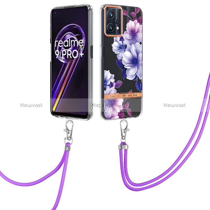Silicone Candy Rubber Gel Fashionable Pattern Soft Case Cover with Lanyard Strap Y06B for Realme 9 Pro+ Plus 5G Purple